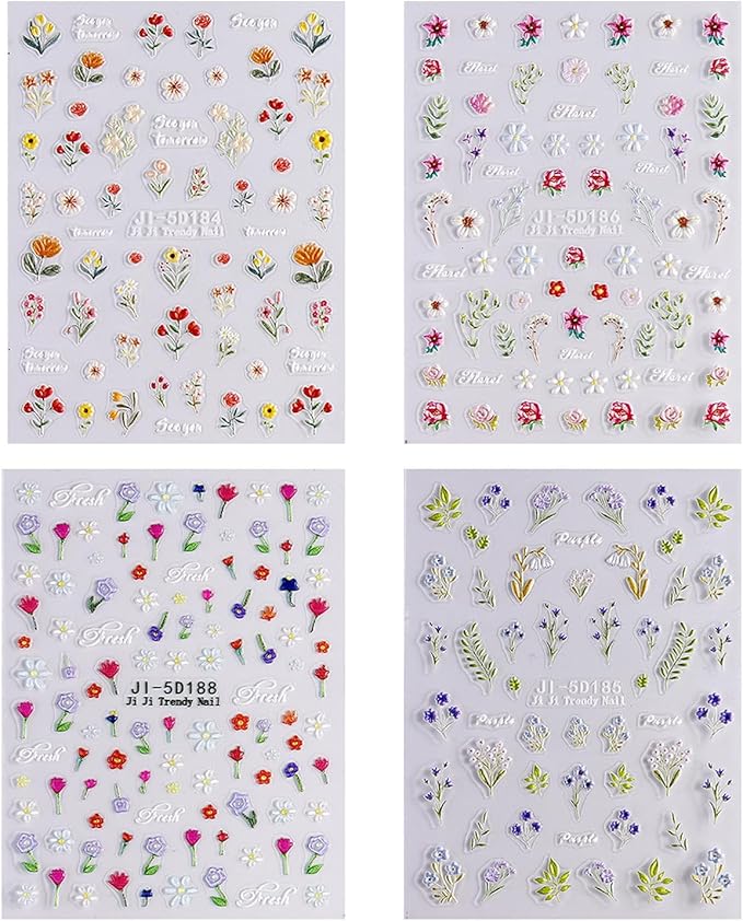 Flower Nail Stickers for Nail Art Flowers Nail Art Stickers Summer Floral Bouquet 5D Embossed Nail Decals Self-Adhesive Nails Supply Manicure Sliders Flower for Nails Decoration 4 Sheets