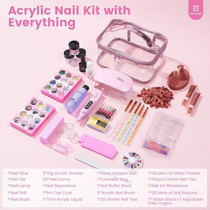 Nail Kit for Beginners with Everything: Professional Nail Acrylic Powder Liquid Set with Practice Finger Drill U V Light in Makeup Bag for Women Salon Home (Pink)