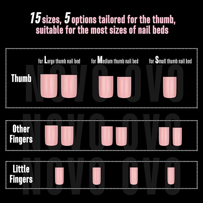 NOVO OVO Short Sharp Square Nail Tips Press on Pure Color BABY PINK, Need Builder Gel Top Coat Nail Glue, Soft Gel Matte Fake Nail Extension, Full Cover False Nails for Salon DIY x 15 Sizes 240 pcs