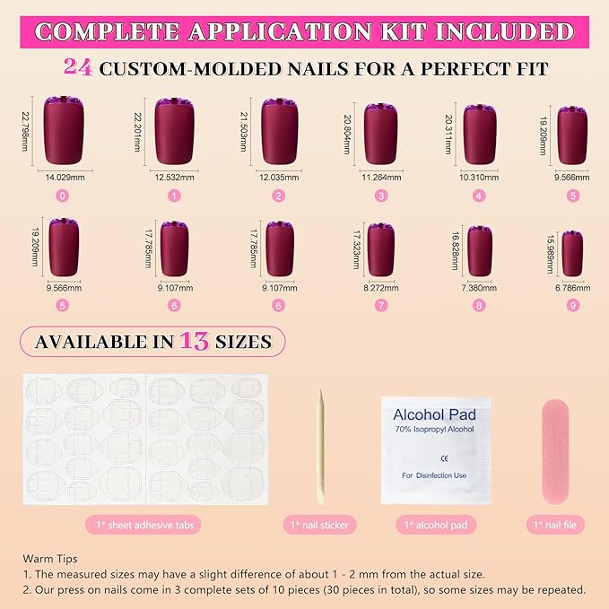 Slim Gorgeous Fake Nails Matte Rose Red with Metallic Moo Medium Size Frosted Artificial Acrylic Nail Art Tips