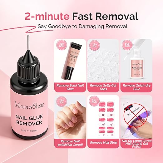 MelodySusie 30ML Nail Glue Remover for Press on Acetone Free Nail Polish Remover Multi-Functional Remover for Nails Tips Gentle Glue Remover for Home Salon