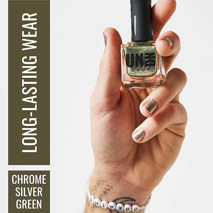 UNDN Vegan Nail Polish - Mineral Moss - Chrome Silver Green Nail Polish for Women and Men - Long Lasting, Metallic Finish - Cruelty Free - 0.5 oz