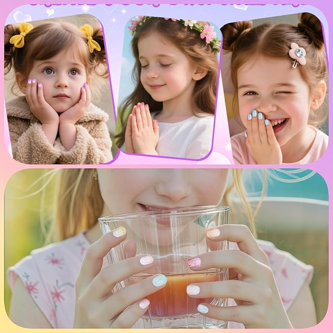 120pcs False Nails Press on Nails for Kids - Self-Adhesive Short Fake Artificial Full Cover Nail Art Kits Transation with Nail Sticker Tabs for Girls Children