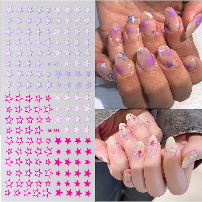 6Sheets Star Nail Art Stickers 3D Nail Decals with Shiny Colorful Five Pointed Star DIY Design Stars-Shaped Nail Adhesive Slider Accessory Manicure Decoration for Women Daily Wear
