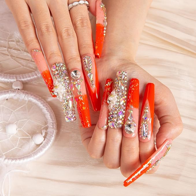 LOVFUL Press on Nails Sleeping Beauty | Handmade with Full Covered Crystals | Reusable Full Cover Nails | Coffin Long 2.2 in | H74-S