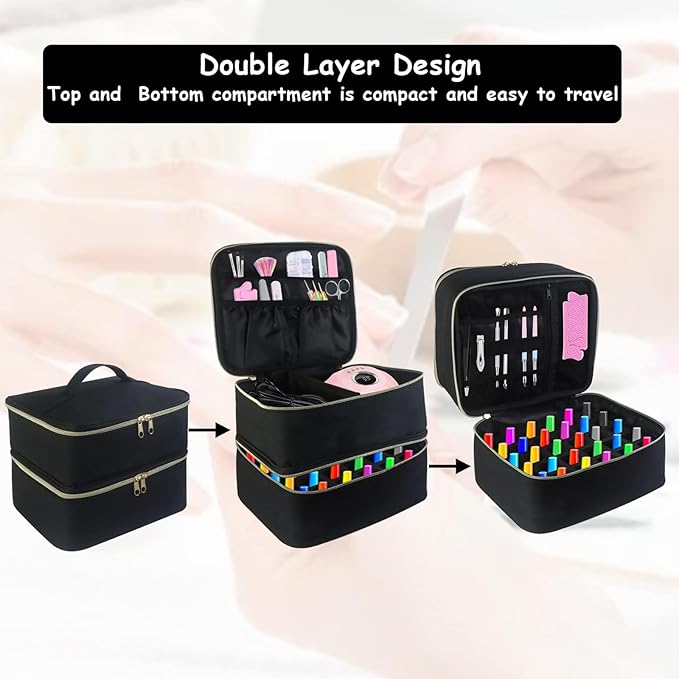 Meichoon Organizer Tools 2 Layers Storage Holder Case with Adjustable Bottle Compartment 30 Bottles of Gel lamp and Manicure Tools Large Makeup Bag Travel Black