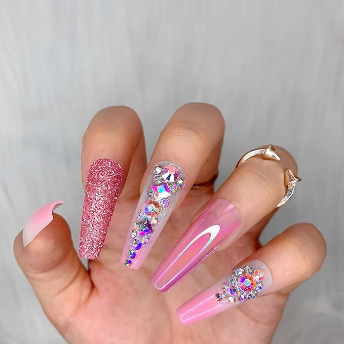Artquee 36pcs Pink Ombre Crystal Press on Nails with 3D Rhinestones Mixed Pink Metal and Glitter Glossy False Nails Long Ballerina Coffin Flash Fake Nail Tips Manicure for Women
