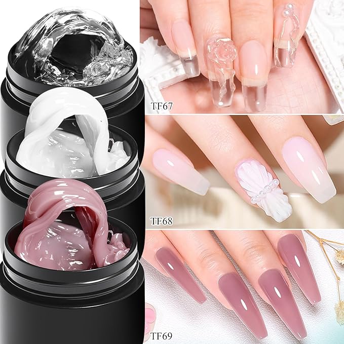 MEET ACROSS Solid Builder Nail Gel 3D Nail Gels Sculpting Gel for Art Non-Sticky Hand Extension Clear White Dirty Pink with Nail Pen Gift for Women