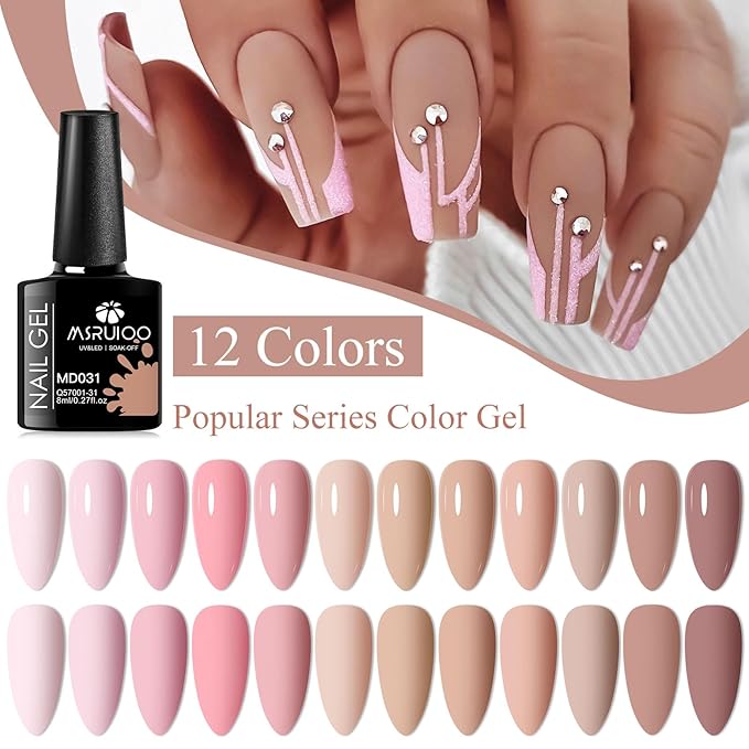 Gel Nail Polish Kit Spring Nude Gel Polish Set 12 Colors Pink Skin Tones Collection Neutral Brown Soak Off Uv Led Lamp Gel Nail Kit DIY Nail Art Salon Home Gift 8ml