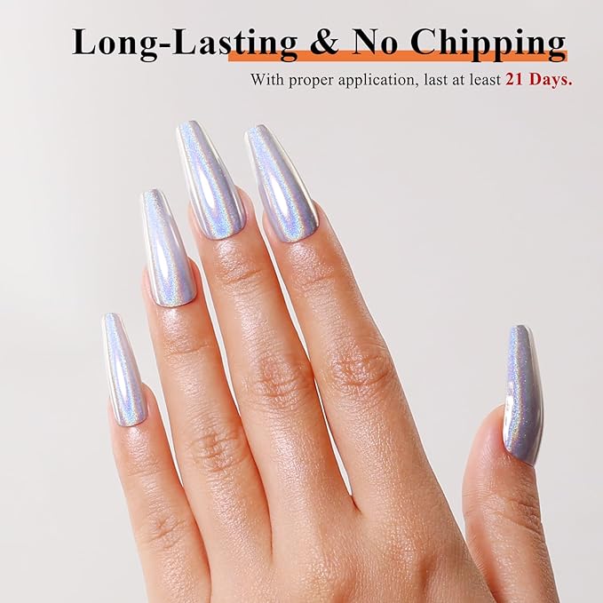 Imtiti Holographic Silver Chrome Nail Powder Kit,1g Holo Iridescent Silver Meatllic Mirror Effect Powder with 10ml White Color Gel Polish Metal Nail UV DIY Kit