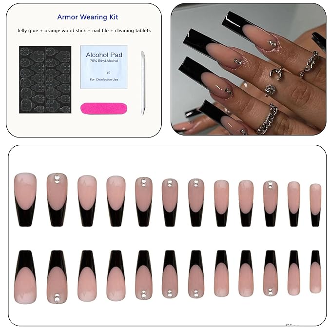 Black French Tip Press on Nails Long Coffin Fake Nails with Rhinestones Design Acrylic Nails Press ons Full Cover False Nails with Glue for Women Daily Wear Simple 24Pcs
