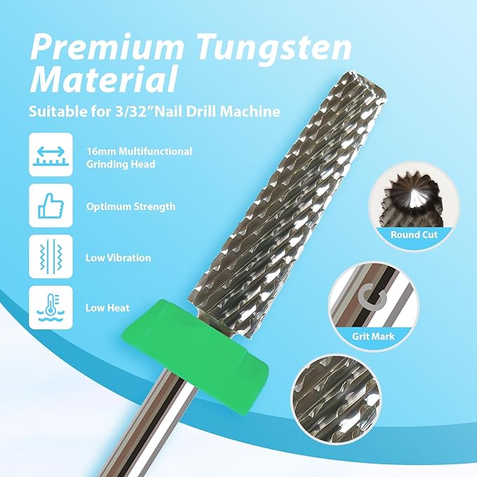 16mm Long Tapered Barrel Nail Drill Bit, 3/32” Safety Tungsten Carbide E-File Bit for False Nail Application, Press-On Tip Apply Nail Extension, Gel & Acrylic Removal, Two-Way Rotation, Coarse