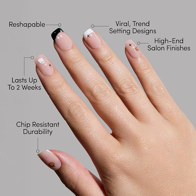 Glamnetic Press On Nails - Tiny Pumpkin | Short Squoval French Tip Fake Nails with Pumpkin Graphics & Glossy Finish, Salon Quality Halloween Nails | 15 Sizes - 30 Nail Kit with Glue