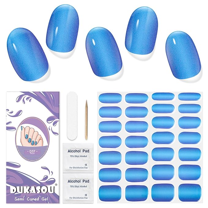 Semi Cured Gel Nail Strips, 28 pcs Gel Nail Stickers Work with Any UV Lights, Long-Lasting Nail Wraps, Stick on Nails for women Easy to Apply & Remove