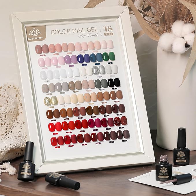BORN PRETTY 52Pcs Fall Winter Gel Nail Polish Set,48 Colos Burgundy Red Green Snowflake White Khaki Chocolate Brown Gold Silver Sparkle Gel Polish with Glossy Matte Glitter Base Top Coat Gift for Girl