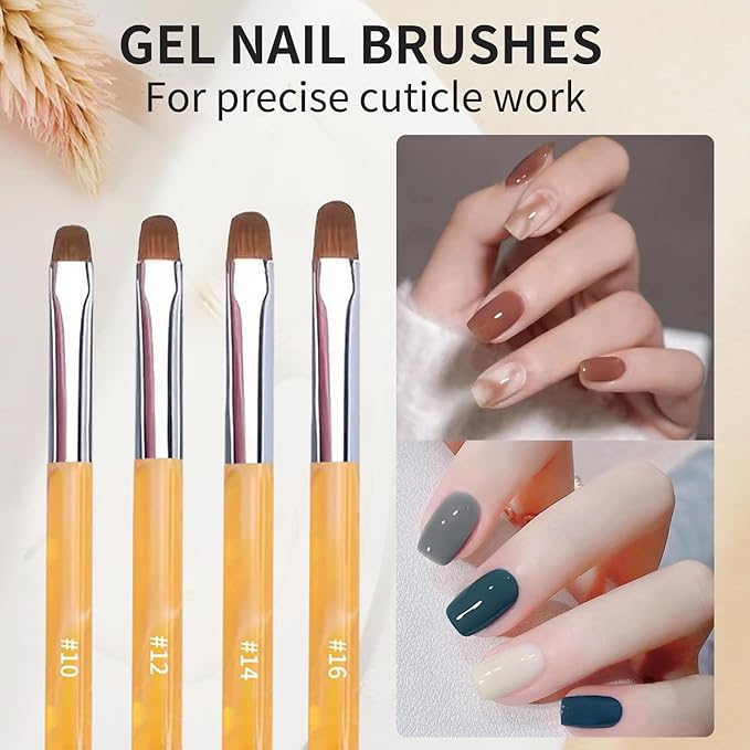 4Pcs French Tip Brush, Double-Ended French Brushes for Nails with Dotting Tool, Clean Up Brush for Gel Nail Polish, Size 10/12/14/16, Acrylic Nail Art Brushes, Manicure Tools for Nail Design-Yellow