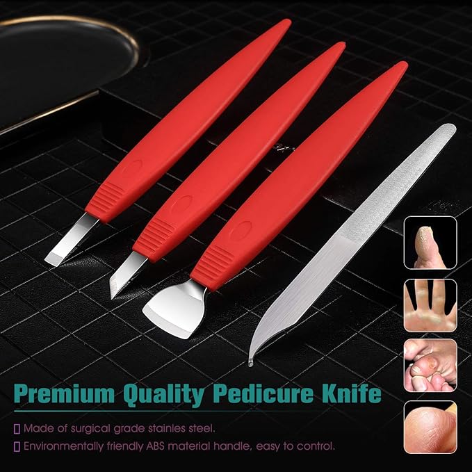 BEZOX Ingrown Toenail Removal Blades and Foot Callus Knife - 3 Different Blades Pedicure Knives with Toenail Lifter and Thick Nail File - Red
