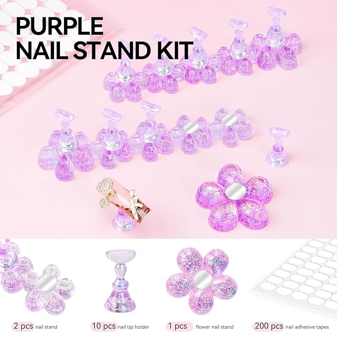 Nail Stand for Press On Fake Nails Painting Display Practice, Powerful Magnetic Nail Holder for Design, Flower Nail Stand with 200 PCS Double-Sided Tapes, Nail Tools for Home Salon (Purple)