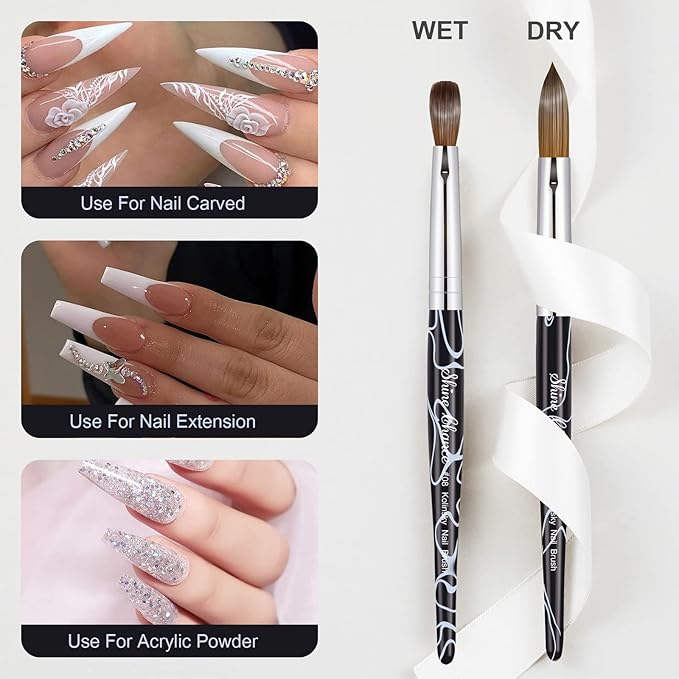 Acrylic Nail Art Brush Size 8, 100% Pure Kolinsky Hair Oval for Application, Professional Extension Manicure Tool Striping Drawing Pen DIY Home Salon, Black