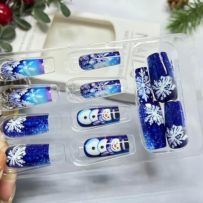 Christmas Press on Nails Medium Square Fake Nails with Snowflake Snowman Designs Blue Xmas False Nail Winter Acrylic Stick on Nail for Women 24 Pcs