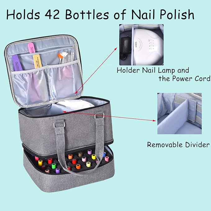 Nail Polish Organizer Case Hold 42 Bottles (15 ml) and Nail Lamp, Nail Organizers and Storage for Nail Supplies, Double Layer Nail Bag Organizer Case with Handle (Grey)