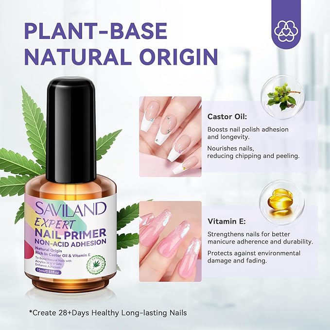 SAVILAND Nail Primer No Lift: 2024 Acid Free Primer Nail Prep Bond with Vitamin E Ingredient Castor Oil for Gel Acrylic Dip Nails, Ultra-Strong Adhesion Protein Nail Bond Nail Supplies Home Salon