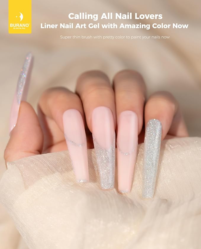 BURANO Gel Nail Polish Liner Nail Art Polish, Silver Gold Painted Gel Nail Design Polish 2 Bottle 8ml, Build in Thin Nail Brush Curing Required LX2 LX8