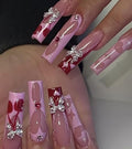 Press on Nails Square - Extra Long Fake Nails with 3D Bows, Pink French Tips Cute Red False Nail, Stick On Nails for Women, 12 Sizes - 24 Nail Kit, Cherry Love