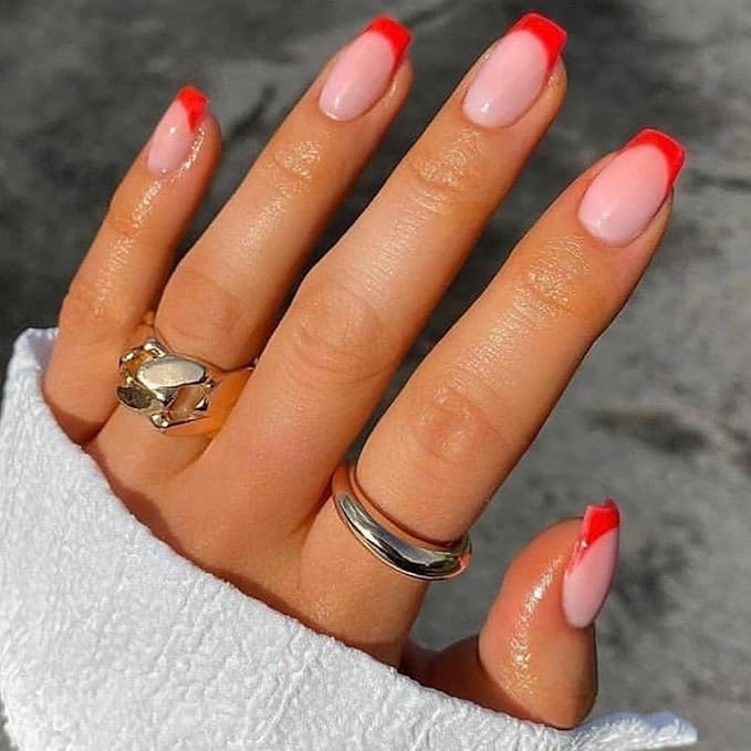 Clear Semi Cured Gel Nail Strips French Tip 20Pcs Orange Red UV Gel Nail Stickers Glossy Nails Polish Strips UV/LED Light Needed Self Adhesive Full Polish Nails Wraps for Women