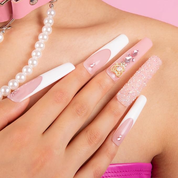 LOVFUL Press on Nails Sweet Elegance | Handmade with Full Covered Crystals | Reusable Fake Nails | Square | H34-M, pink