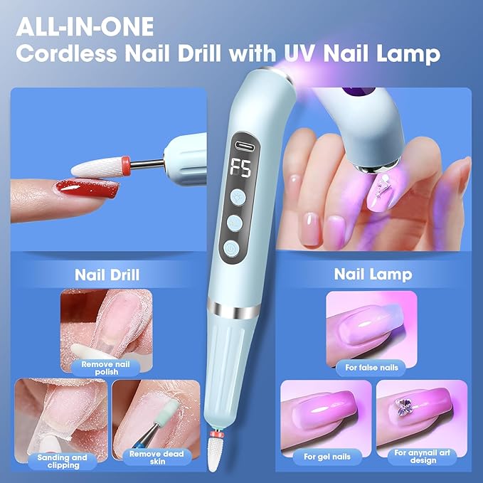 Nail Drill Cordless with Nail Lamp 2-in-1 Electric Nails Drill Kit, Electric E Filer for Nails Nail Drill Wireless Nail File Drill Rechargeable with Small Light for Acrylic Gel Nails