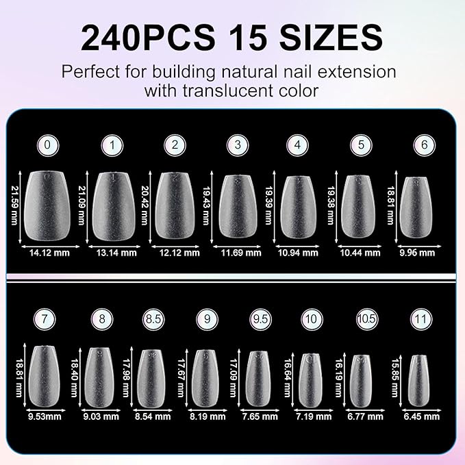 Short Coffin Full Cover Nail Tips, 240Pcs Double-Sided Matte Press-On Fake Nails, No File Pre-Shaped, Gel Polish Ready, 15 Sizes for Manicure, Home DIY, Salon Use, No Base Coat Needed