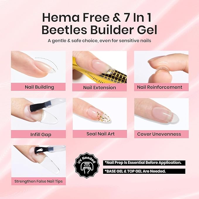Beetles Builder Gel HEMA-Free-Sheer Breeze 0.5 oz 7 in 1 for Building Apex Strengthening Thickening Extension DIY Salon at Home for Beginner Sensitive Nails,Clear Builder Nails Gel Kit,UV Lamp Needed