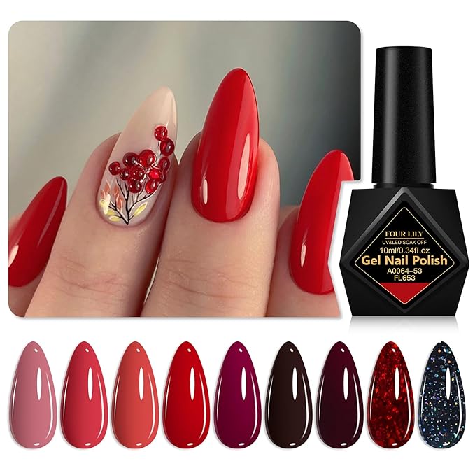 Red Series Gel Nail Polish Set 9 Colors Dark Burgundy Wine Red Colors Bloody Mary Collection Popular Shimmer Glitter Nail Gel Nail Art Design Manicure DIY Salon and Home