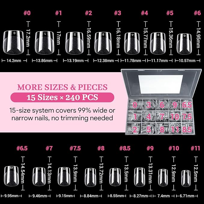 Extra Short Square Fake Nail Tips, 15 Sizes 240 PCS Clear French Half Matte Press On False Nail Tips Pre-shaped Full Cover Gel Nail Tips Extensions Long Lasting for DIY Beginners & Salon Manicure