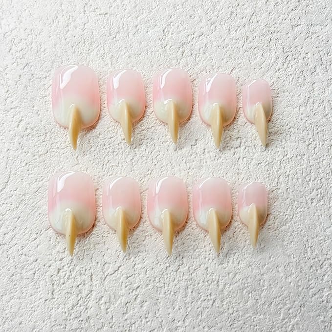 10 Pcs Handmade Press on Nails Medium Curved Stiletto Cat Claw Nails Press Ons Beige Nail Tips Design Thick Cat Claw Fake Nails Reusable Glossy Acrylic Stick on Nail (S)
