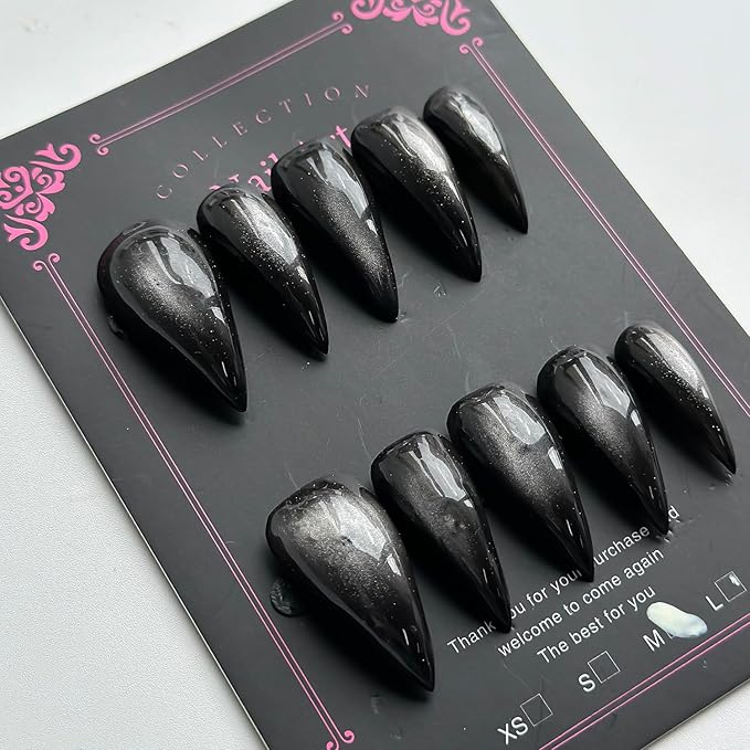 Luxury Press on Nails Medium Stiletto Handmade Eagle Claw Unique Reusable ABS Material Black Fake Nails Dragon Cat Claw False Nails with Glitter Designs Glossy Glue on Nail Thick Acrylic Nail(M)
