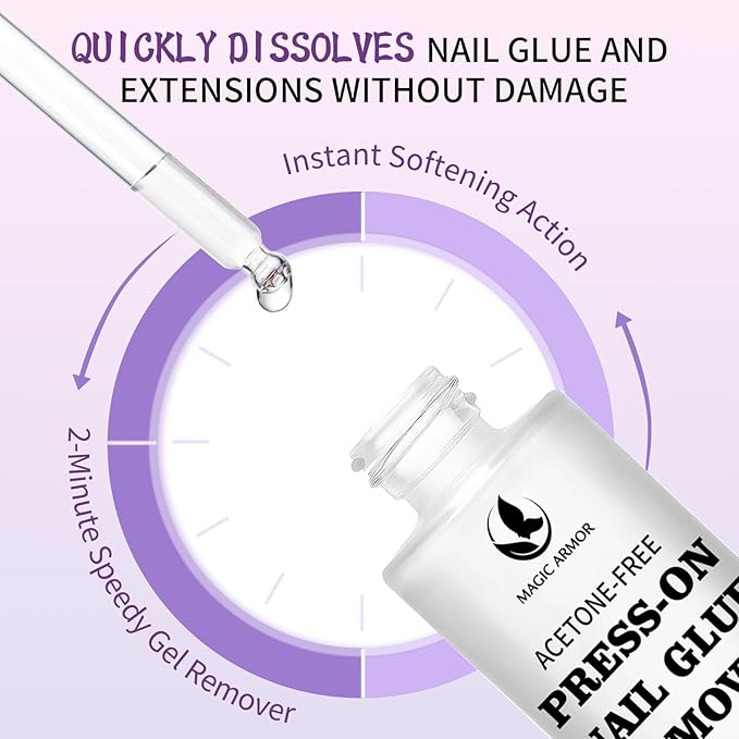 60ML Press On Nail Glue Remover - Acetone-Free Odorless Fake Nail Remover with Crystal Stick, Soft Painless Removal for Nail Tips & Rhinestone Adhesive