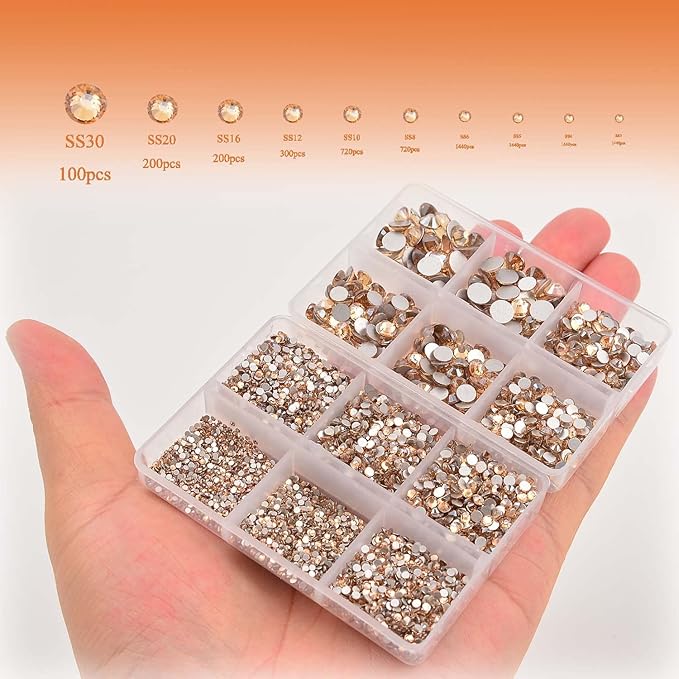 NCB 8000pcs Non Hotfix Rhinestones 10 Sizes Flatback Crystal Glass Rhinestones with Tweezers and Picking Pen for Nail Art Clothes Bags Phone Decorations Crafts DIY (023 Champagne Mix SS3-SS30)
