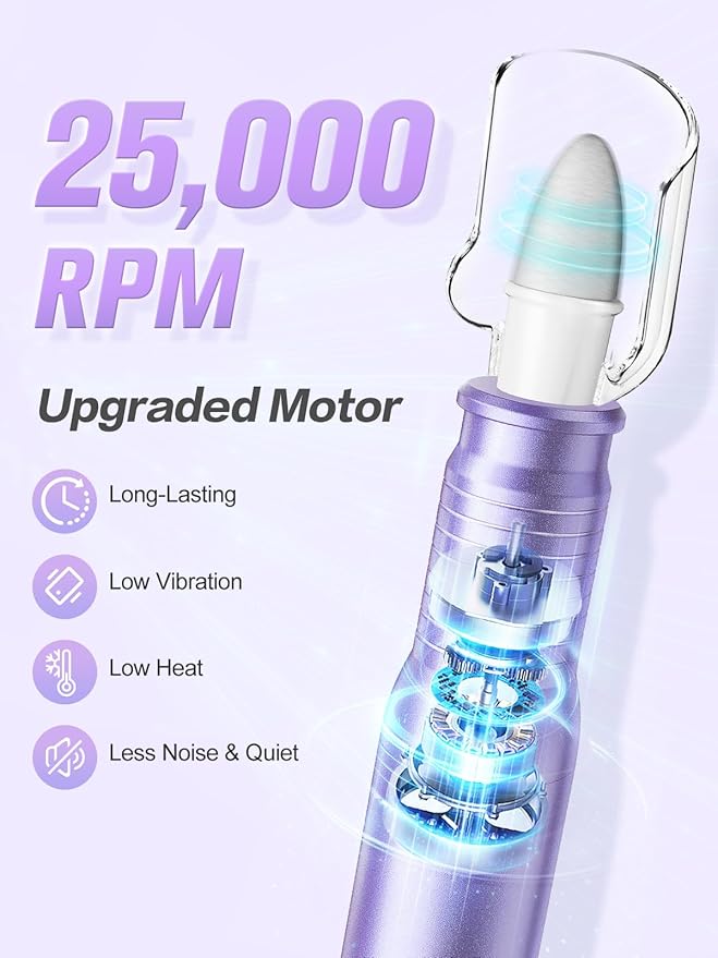 Subay Professional Manicure Pedicure Kit, Electric Nail Drill Set with LED Display, 25000RPM, 11-Piece Attachments Plus 20 Sanding Bands, Nail Grinder Tool for Women Men Baby Pets (3.Purple)