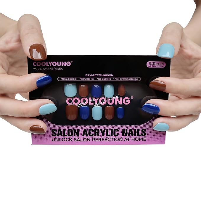 Press On Nails, COOLYOUNG Mixed Color Press On Nails - Blue, Brown, Light Blue, Square Short Acrylic Nails, 25 PCS Handmade Nails