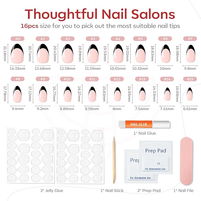 Modelones Black French Tip Press on Nails Almond, Short Almond Fake Nails, Reusable Nail Kit with Nail Glue Adhesive Tabs Mini Nail File, Nails Press Ons 32Pcs16 Sizes