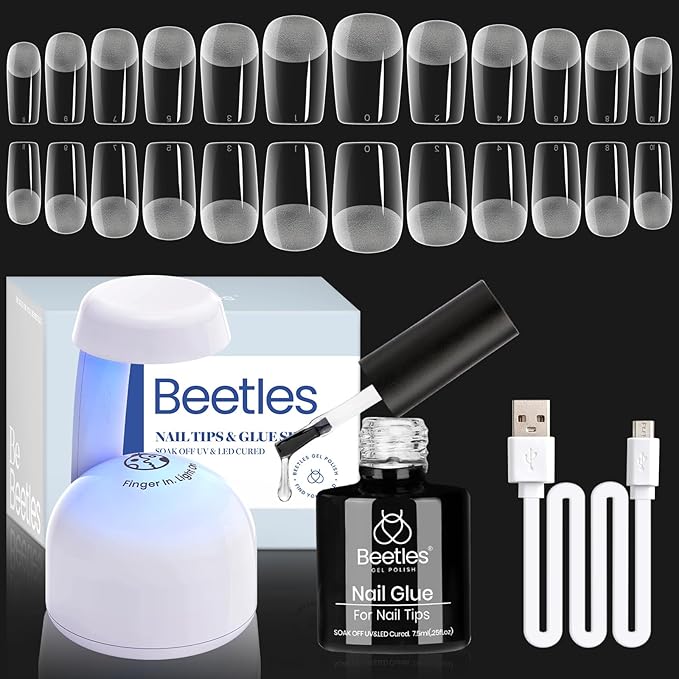 Beetles Gel Nail Kit Easy Nail Extension Set 504Pcs Pre Filed Half Matte Short Square Soft Etch X Nail Tips with 5 in 1 Nail Glue Gel Uv Led Lamp Nail for Women