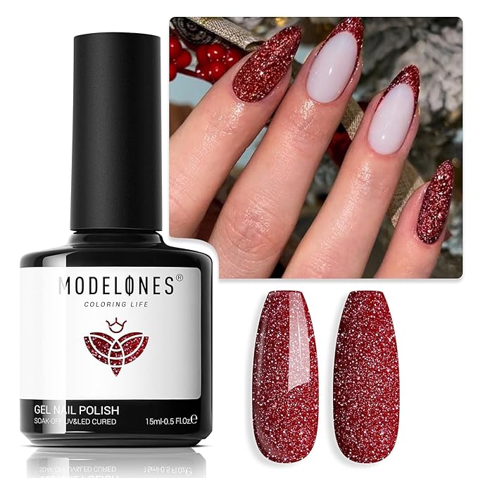 modelones Glitter Gel Nail Polish Pastel Burgundy Red Gel Nail Polish Soak-Off UV Gel Polish - 28+ Days Long-Lasting Salon-Quality Nail Art for Spring & DIY Manicure & Gift 15ML