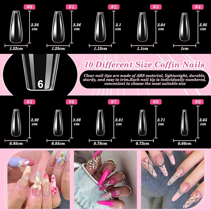 Acrylic Fake Nails Kit Press On Nail Kit with Clear Coffin Nail Tips Nail Display Stand Sequins Sticker Rhinestones Decorations Nail Glue Nail Clay Fine Glitter DIY Nail Art Tool and Supplies