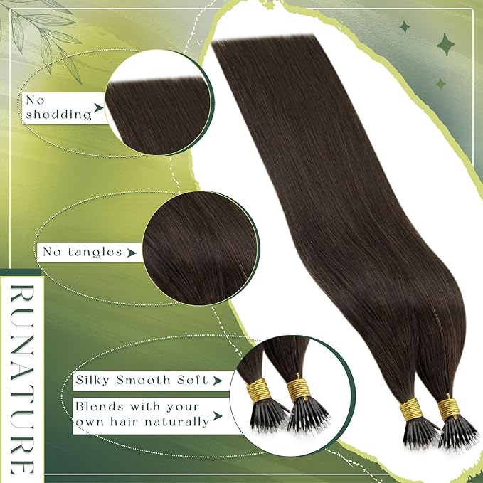 RUNATURE Nano Link Human Hair Extensions Dark Brown Silky Nano Hair Extensions Pre Bonded Nano Beads Extensions Real Human Hair Remy Human Hair Nano Ring Extensions 18 Inch 50 Gram 50 Strands