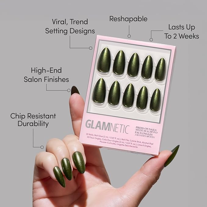 Glamnetic Press On Nails - Cutie Pine | Medium Almond Fake Nails in Deep Evergreen with a Pearl Chrome Finish, Salon Quality Holiday Winter Nails | 15 Sizes - 30 Nail Kit with Glue