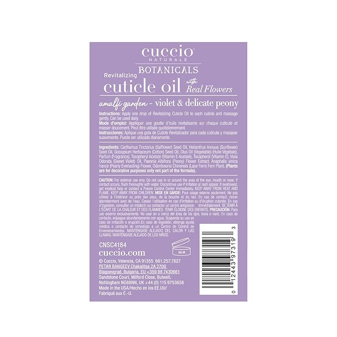 Cuccio Amalfi Garden Revitalizing Cuticle Oil (63ml) - Natural Moisturizing Skin Moisturizer for Nourishing Hand Care & Healthier Nails - Violet & Delicate Peony