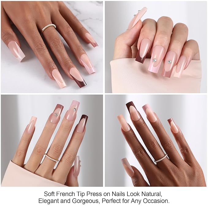 150pcs Long Skin Tones French Tip Press on Nails, 3 in 1 Square Press on Nails in 15Sizes, Pre-lasting Soft Acrylic Gel Nail Tips, No Need to File Fake False Nail Tips Extension for Women Nails
