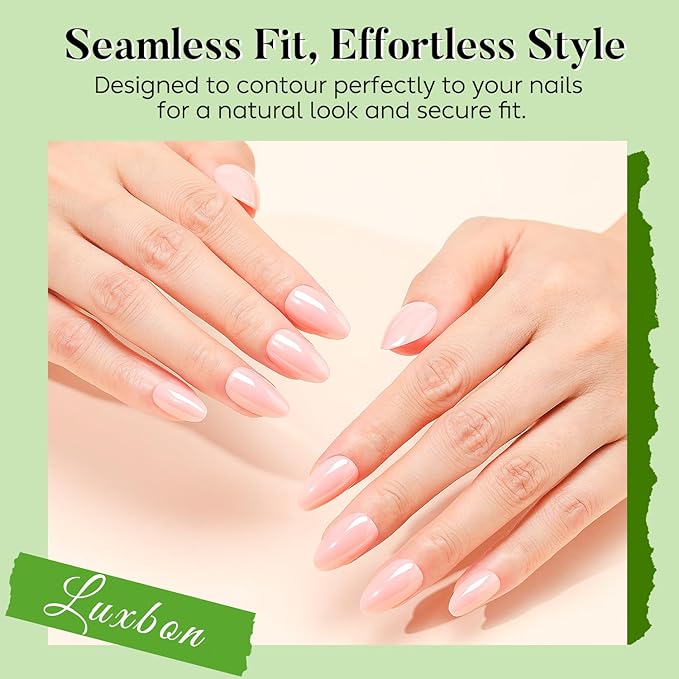 Luxbon Short Durable Almond Press On Acrylic Nails with No-Cure Nail Glue and Tool Kit – Glue On Nails Soft Gel Tips 25-30pcs Full Size Set, Reusable Fake Nails for Women, Chrome Nude